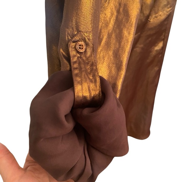 Calvin Klein Women’s Liquid Bronze Shimmer Metallic Button Down Shirt Size L Fun - Picture 10 of 15